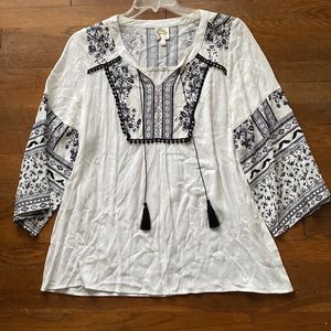 Fig & Flower White Black Tassel Boho Blouse Large